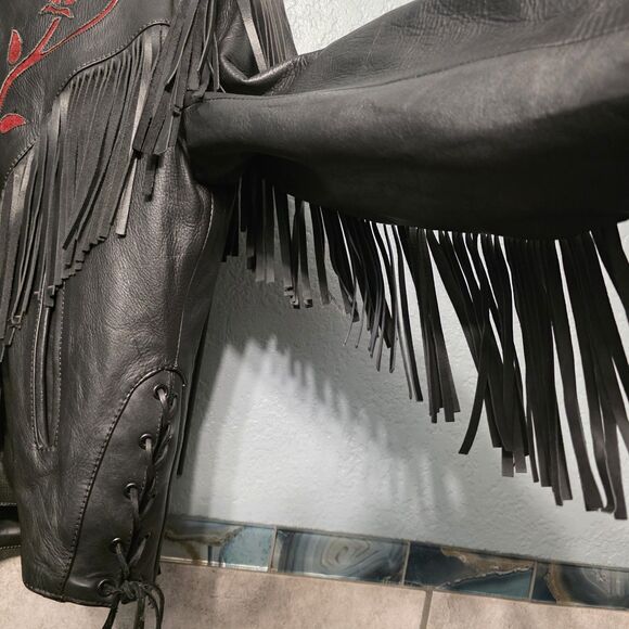 Vtg First Leather Motorcycle Biker Jacket Coat Fringe Red Rose Black Women Sz 12 - Picture 4 of 9